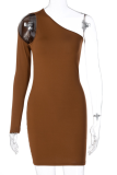 Brownness Sexy Solid Hollowed Out One Shoulder Wrapped Skirt Dresses