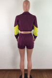 purple Fashion adult Ma'am Street Patchwork contrast color Two Piece Suits Straight Long Sleeve Two Pieces