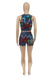 Black Fashion Sexy Print Basic O Neck Sleeveless Two Pieces