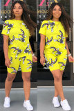Yellow Polyester Fashion Active adult Patchwork Print Character Two Piece Suits Straight Short Sleeve Two Pieces