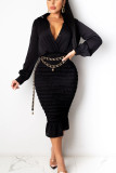 Red Sexy British Style Solid Fold Turndown Collar Long Sleeve Knee Length Pencil Skirt Dresses