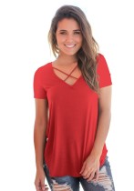 Red Fashion Casual Regular V-Neck Short Solid Regular Tees & T-shirts