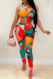 Red Fashion Sexy Print Hollowed Out Backless Oblique Collar Skinny Jumpsuits