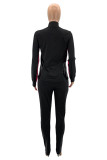 Black Daily Solid Patchwork Mandarin Collar Long Sleeve Two Pieces
