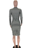 Grey Polyester OL Cap Sleeve Long Sleeves O neck A-Line Mid-Calf Striped