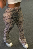 Grey Casual Polyester Print Fold Boot Cut Bottoms