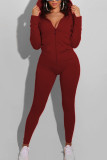 Red Fashion Sexy Adult Solid Pocket Hooded Collar Skinny Jumpsuits