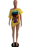 Yellow White Blue Green Pink Yellow Polyester O Neck Short Sleeve Print head portrait Tops