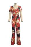 Blue Polyester Fashion Sexy Casual Print Zippered Patchwork Straight Two-piece Pants Set