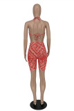 Red Fashion Sexy Print Hollowed Out Strap Design Asymmetrical Halter Sleeveless Two Pieces