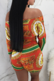 Yellow Sexy Print Patchwork With Belt Bateau Neck Skinny Rompers