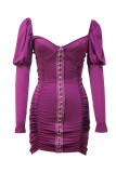 Purple Fashion Sexy Solid Backless Fold V Neck Long Sleeve Dresses