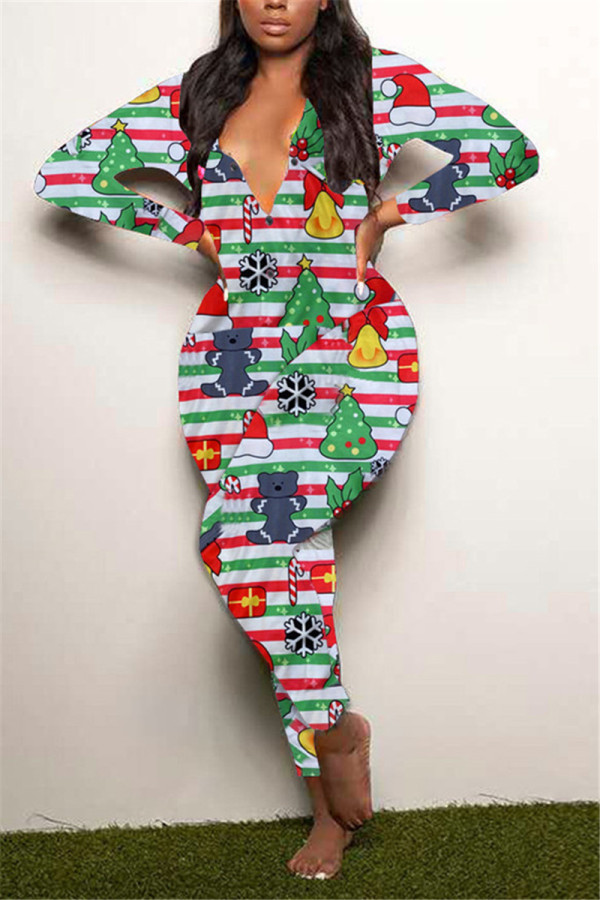 Red Green Casual Living Print Basic V Neck Regular Jumpsuits