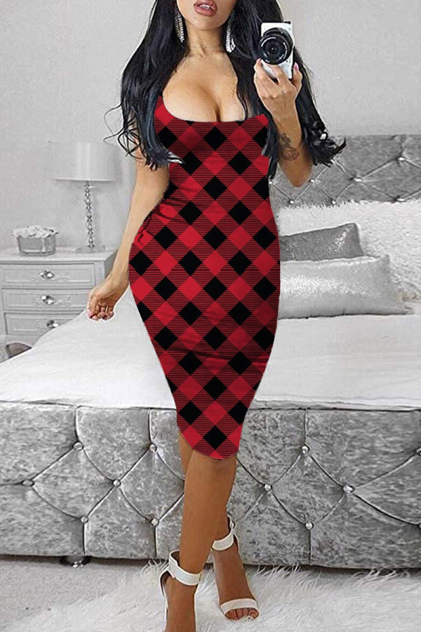 Red Fashion Sexy Print Basic U Neck Vest Dress