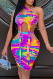 Rose Red Sexy Print Tie Dye Hollowed Out Backless Asymmetrical One Shoulder Sleeveless Two Pieces