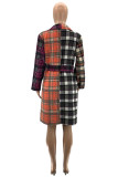Orange Work Daily Plaid Patchwork With Belt Turn-back Collar Outerwear