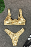 Gold Sexy Solid Split Joint Swimwears