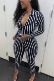 Black Sexy Striped Split Joint Turndown Collar Skinny Jumpsuits