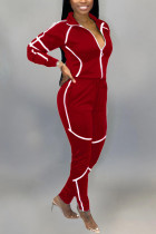 Red Polyester Fashion Active adult Ma'am Patchwork Solid Two Piece Suits pencil Long Sleeve Two Pieces