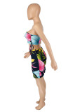 Black Fashion Sexy Print Backless Strap Design One Shoulder Sleeveless Two Pieces
