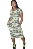 Green Milk. Fashion Casual adult Ma'am Blue Green Orange Cap Sleeve Short Sleeves O neck A-Line Mid-Calf Print Dresses