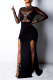 Black Sexy Print High Opening Mesh O Neck Irregular Dress Dresses