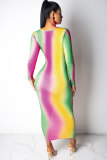 Multi-color Sexy Fashion Cap Sleeve Long Sleeves V Neck A-Line Ankle-Length Print Patchwork