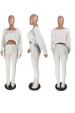 White Casual Solid Draw String Fold O Neck Long Sleeve Two Pieces