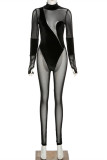 Black Fashion Sexy Patchwork Solid See-through O Neck Skinny Jumpsuits