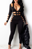 Black Sexy Solid Hollowed Out Skinny Jumpsuits