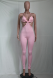Pink Sexy Solid Hollowed Out Halter Skinny Jumpsuits