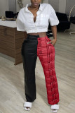 Grey Fashion Casual Plaid Print Mid WaistPatchwork Trousers