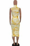 Yellow venetian Fashion Sexy adult Ma'am Print Draped Zippered Two Piece Suits pencil Sleeveless Two Pieces