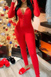Red Casual Living Letter Embroidery Basic V Neck Skinny Jumpsuits