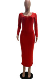 Red Sexy Casual Solid V Neck Pencil Skirt Dresses