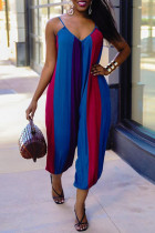 Blue Sexy Casual Striped Print Backless V Neck Regular Jumpsuits