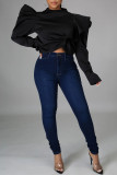 White Fashion Casual Solid Patchwork Flounce Half A Turtleneck Tops