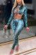 Green Fashion Sexy Print Bandage Strap Design O Neck Long Sleeve Two Pieces