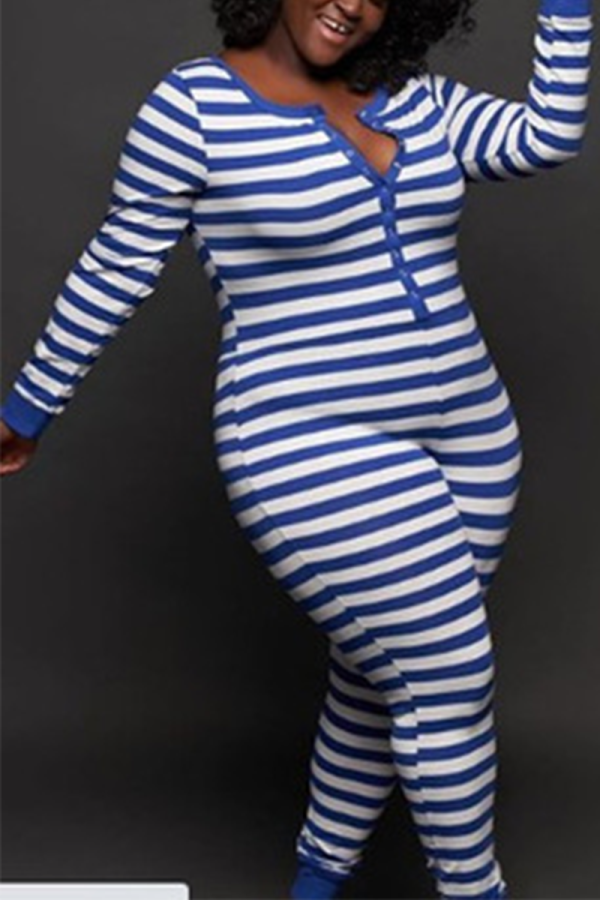 Blue Casual Striped Patchwork O Neck Skinny Jumpsuits