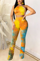 Yellow Milk Silk Fashion Sexy backless Tie Dye asymmetrical Two Piece Suits Straight Sleeveless Two Pieces