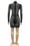 Black Sexy Geometric Patchwork See-through Hot Drill O Neck Pencil Skirt Dresses