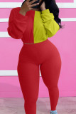 Red and yellow Sexy Casual Sportswear Solid Patchwork Pullovers O Neck Two Pieces