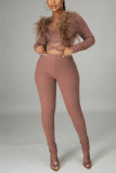 Brown Fashion Sexy Solid Patchwork Strap Design V Neck Long Sleeve Two Pieces