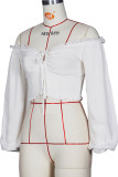 White V Neck Long Sleeve Patchwork crop top Solid
