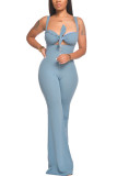 Blue Polyester Fashion Sexy adult Ma'am Solid Two Piece Suits Loose Sleeveless Two Pieces