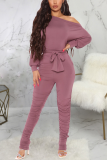 Grey Casual Solid Fold One Shoulder Skinny Jumpsuits