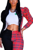 Red Fashion Casual Adult Plaid Patchwork Split Joint Turndown Collar Outerwear