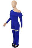 Blue Fashion Casual Striped Patchwork Oblique Collar Long Sleeve Two Pieces