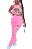 Pink Polyester Fashion adult Ma'am Street Print Hole Two Piece Suits pencil Sleeveless Two Pieces