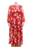 Red Vintage Polyester Knitting Print Floral Frenulum O Neck Long Sleeve Dress Plus Size
